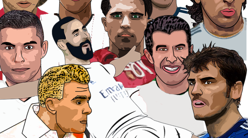 Tekening met spelers uit het verleden van Real Madrid: Modric, Kaka, Bale,